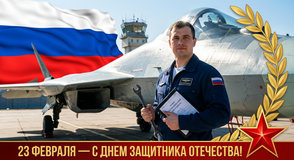 Сгенерировать праздничную открытку на 23 февраля на тему «Я как техник у самолёта-истребителя»