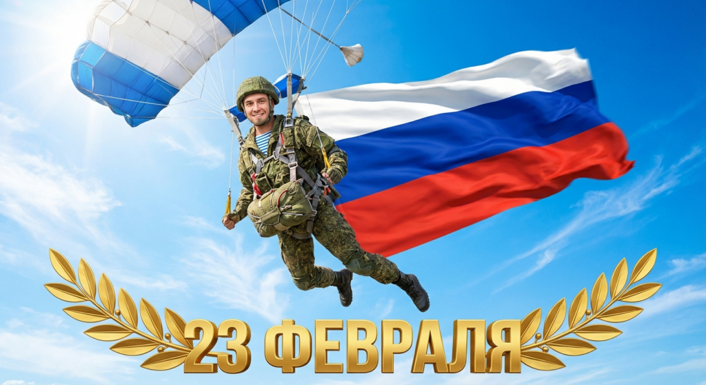 Сгенерировать праздничную открытку на 23 февраля на тему «Я как парашютист-ВДВ под открытым куполом»
