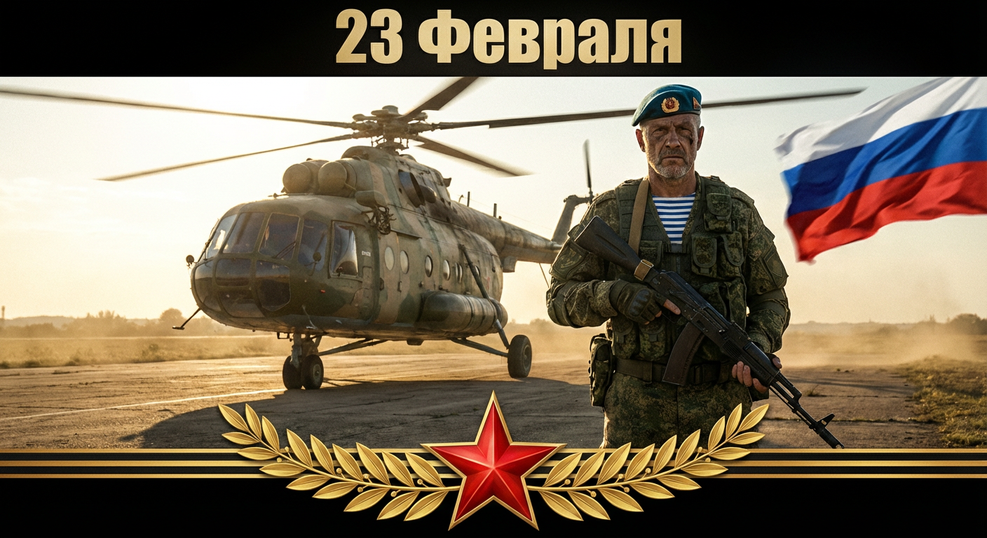 Сгенерировать праздничную открытку на 23 февраля на тему «Я как десантник на фоне вертолёта Ми-8»