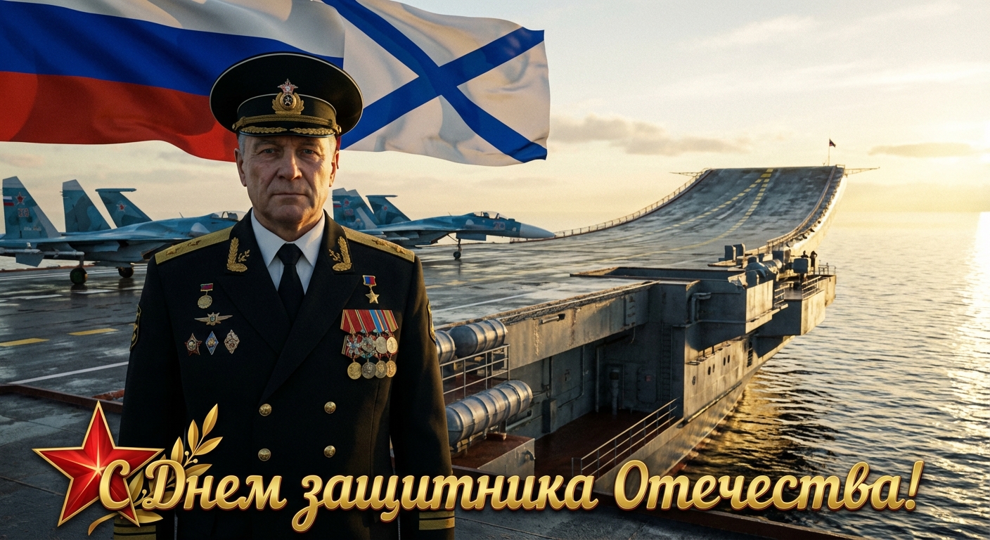 Сгенерировать праздничную открытку на 23 февраля на тему «Я как моряк на палубе тяжёлого авианесущего крейсера “Адмирал Кузнецов”»