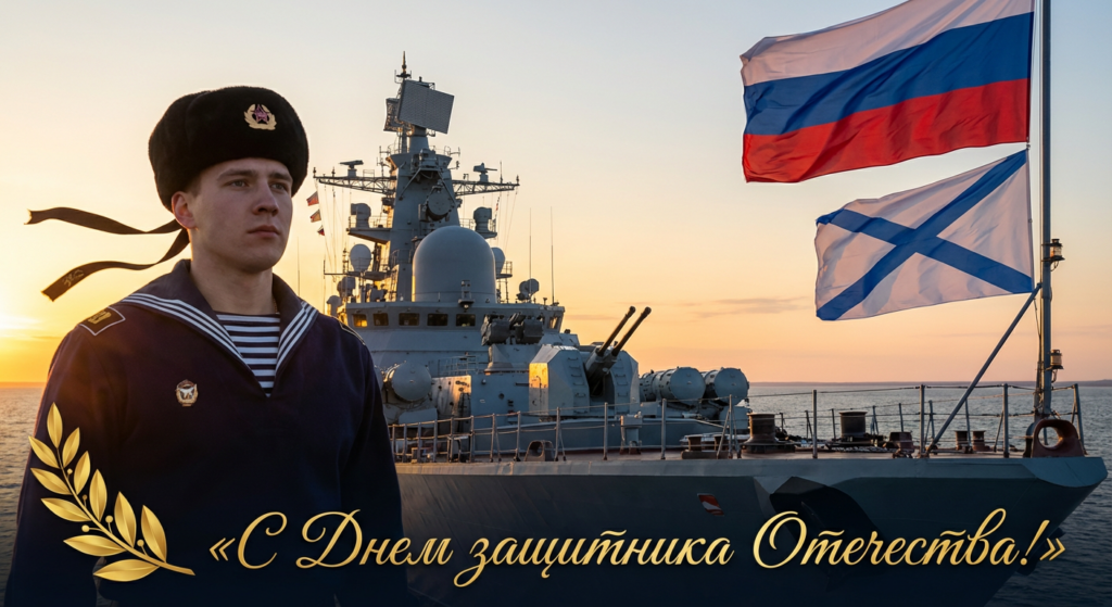 Сгенерировать праздничную открытку на 23 февраля на тему «Я как матрос на фоне противолодочного корабля»