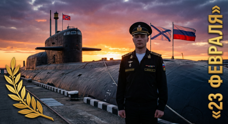 Сгенерировать праздничную открытку на 23 февраля на тему "Я как подводник у борта атомной подводной лодки"