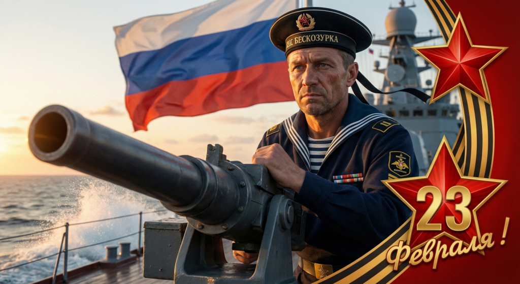 Сгенерировать праздничную открытку на 23 февраля на тему "Я как артиллерист на надводной боевой корабельной башне"