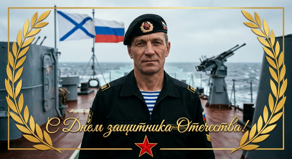 Сгенерировать праздничную открытку на 23 февраля на тему "Я как морской десантник на борту десантного корабля"