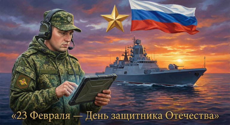 Сгенерировать праздничную открытку на 23 февраля на тему "Я как оператор берегового комплекса на фоне ракетного фрегата"