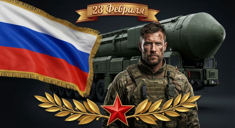 Сгенерировать праздничную открытку на 23 февраля на тему "Ракетные войска стратегического назначения"