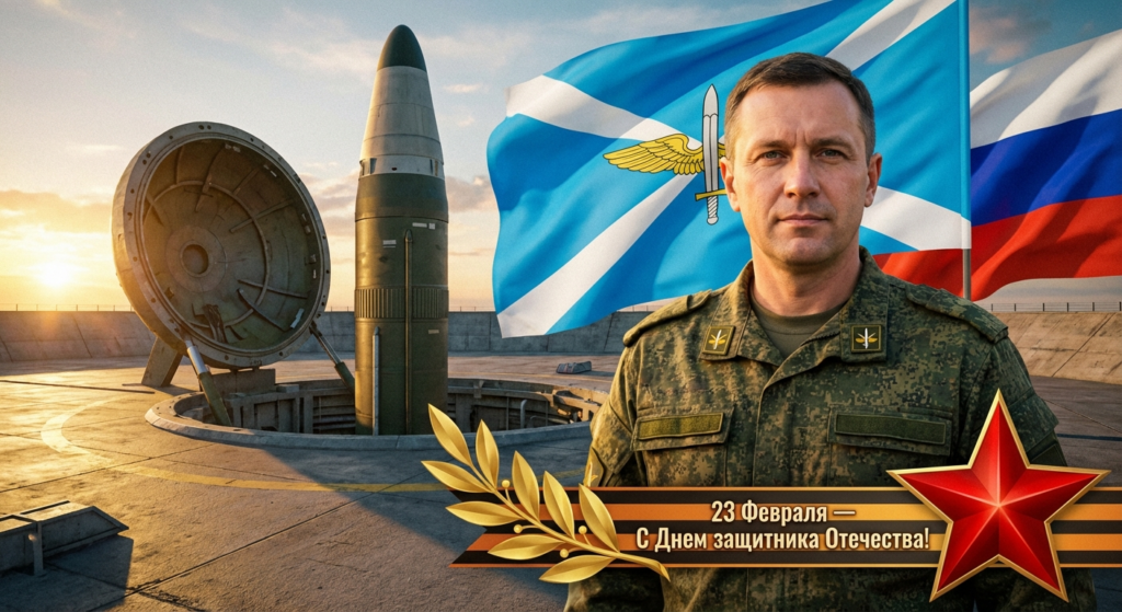 Сгенерировать праздничную открытку на 23 февраля на тему «Я как инженер РВСН на фоне шахтной установки»