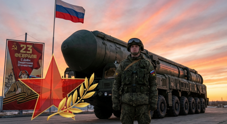 Сгенерировать праздничную открытку на 23 февраля на тему "Я как расчёт стратегической ракеты при рассвете"