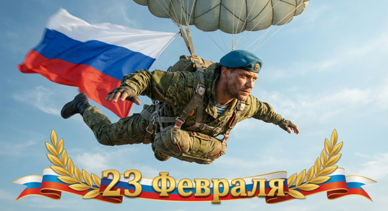 Сгенерировать праздничную открытку на 23 февраля на тему "Я как десантник в момент прыжка с парашютом ВДВ"