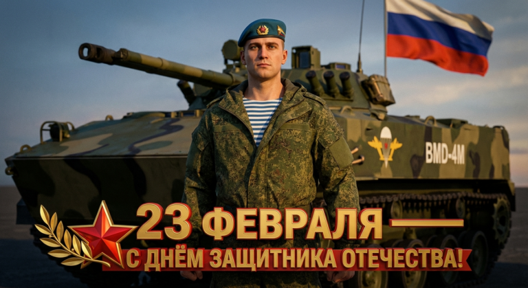 Сгенерировать праздничную открытку на 23 февраля на тему "Я как боец ВДВ у БМД-4М"