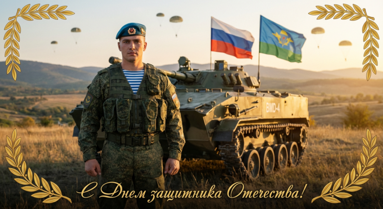 Сгенерировать праздничную открытку на 23 февраля на тему "Я как экипаж ВДВ возле бронемашины-амфибии"