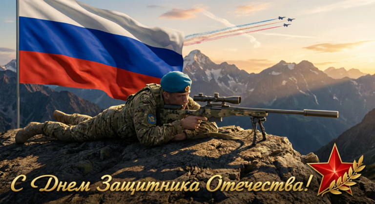 Сгенерировать праздничную открытку на 23 февраля на тему "Я как снайпер ВДВ на возвышенности под флагом"