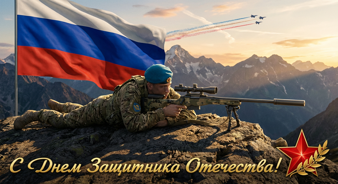 Сгенерировать праздничную открытку на 23 февраля на тему «Я как снайпер ВДВ на возвышенности под флагом»