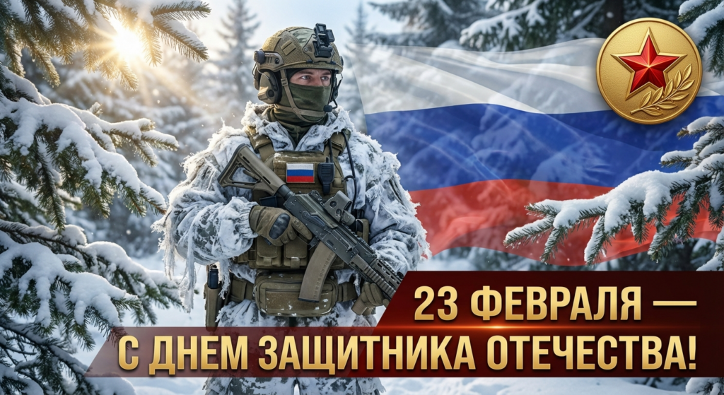 Сгенерировать праздничную открытку на 23 февраля на тему «Я как спецназовец в маскировке в лесу»