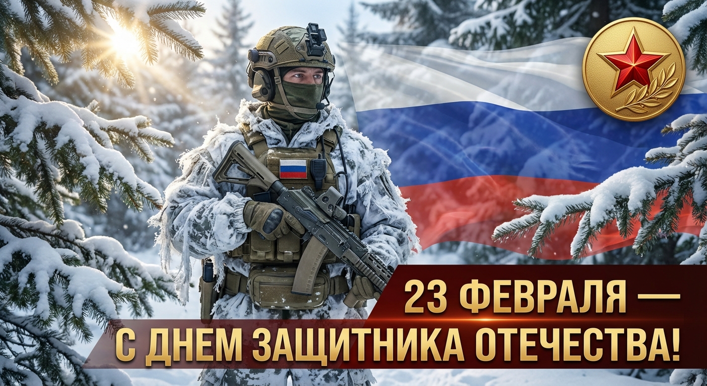 Сгенерировать праздничную открытку на 23 февраля на тему «Я как спецназовец в маскировке в лесу»