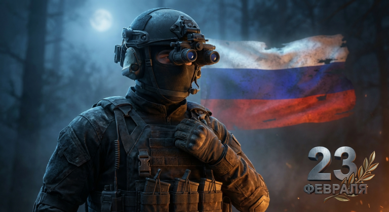 Сгенерировать праздничную открытку на 23 февраля на тему "Я как разведчик-диверсант в тёмной экипировке"