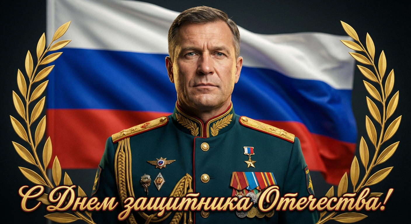 Сгенерировать праздничную открытку на 23 февраля на тему «Геройский портрет в военной форме на фоне триколора «С Днём защитника Отечества» в стиле фотореализма»