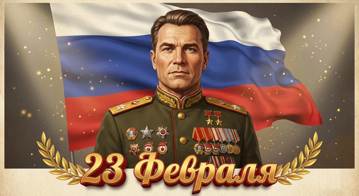 Сгенерировать праздничную открытку на 23 февраля на тему «Брутальный патриотичный портрет с орденами и наградными медалями и надписью «23 Февраля».»