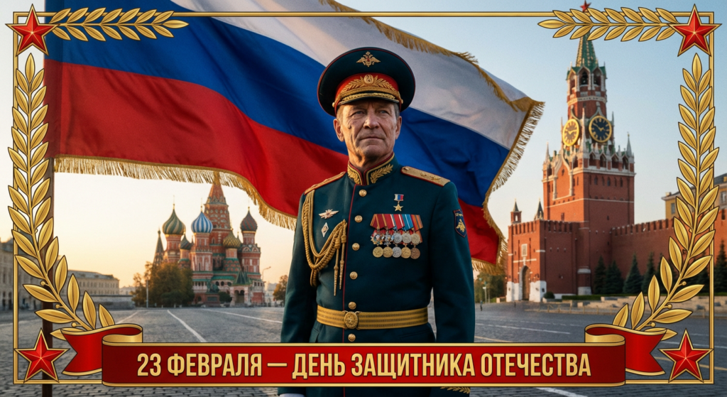 Сгенерировать праздничную открытку на 23 февраля на тему «Кинематографичный кадр на фоне Красной площади или армейской техники.»