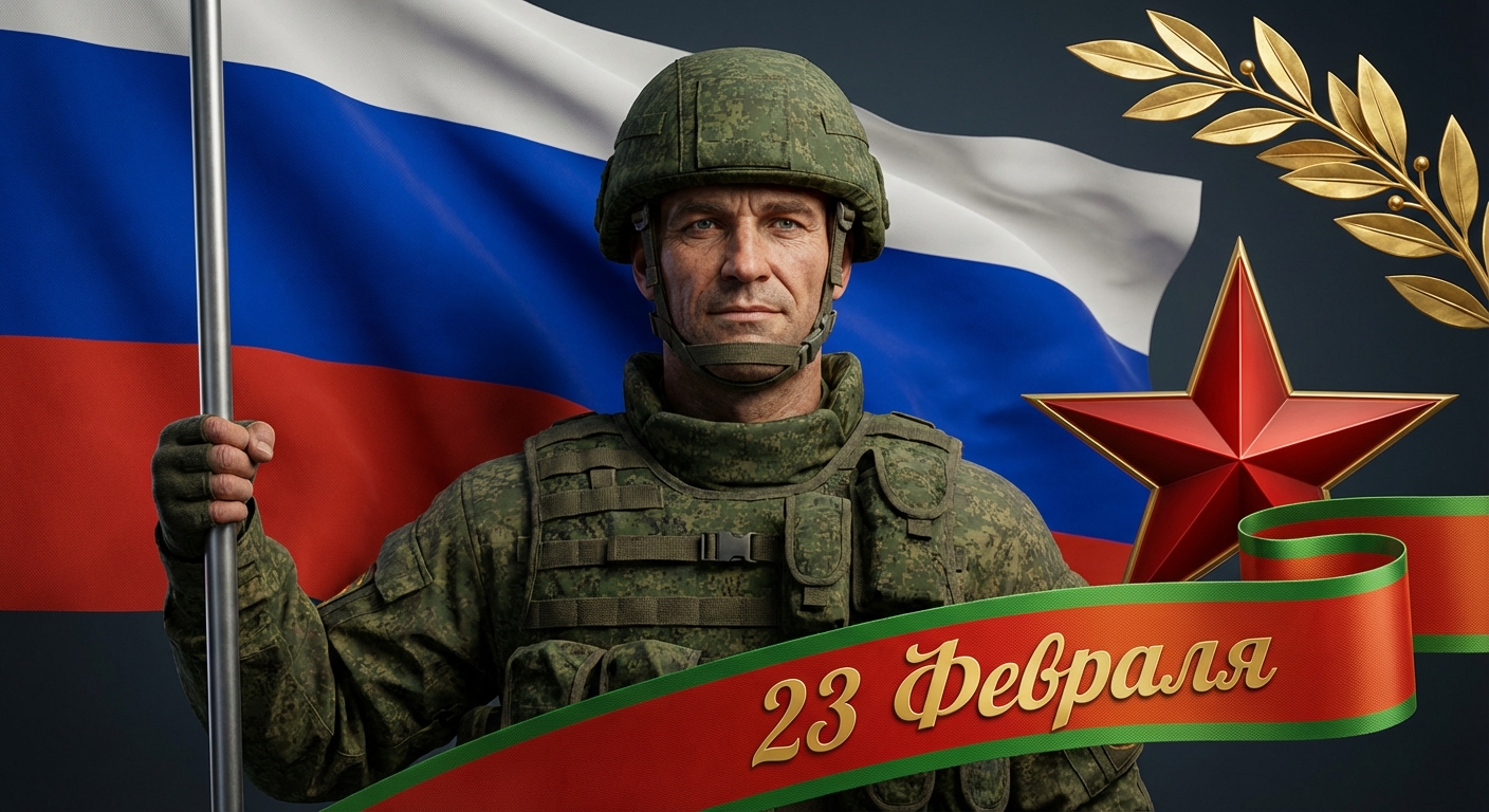 Сгенерировать праздничную открытку на 23 февраля на тему «Портрет с изображением военного с флагом России в руках и праздничной надписью.»
