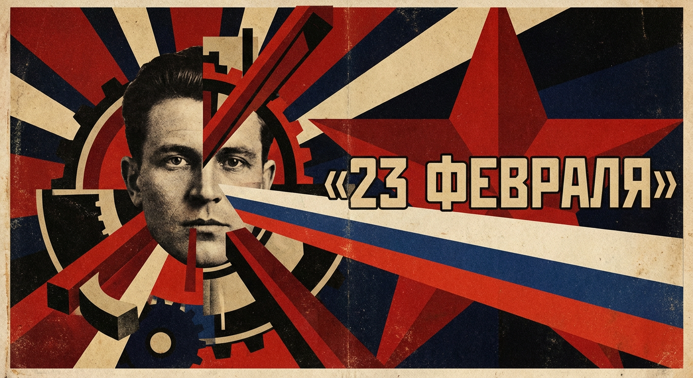 Сгенерировать праздничную открытку на 23 февраля на тему «Военный плакат в стиле ретро-СССР (конструктивизм 1920–30-х годов).»