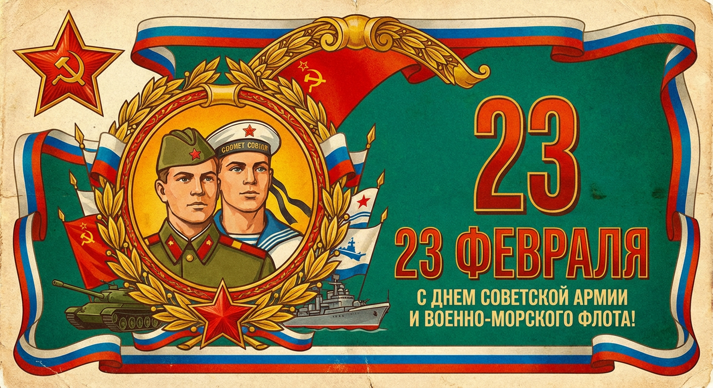 Сгенерировать праздничную открытку на 23 февраля на тему «Ретро-открытка 60-х годов с праздничными элементами и символикой 23 Февраля.»