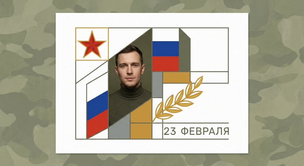 Сгенерировать праздничную открытку на 23 февраля на тему «Минималистичная открытка-композиция с элементами военной символики и сухой типографикой.»