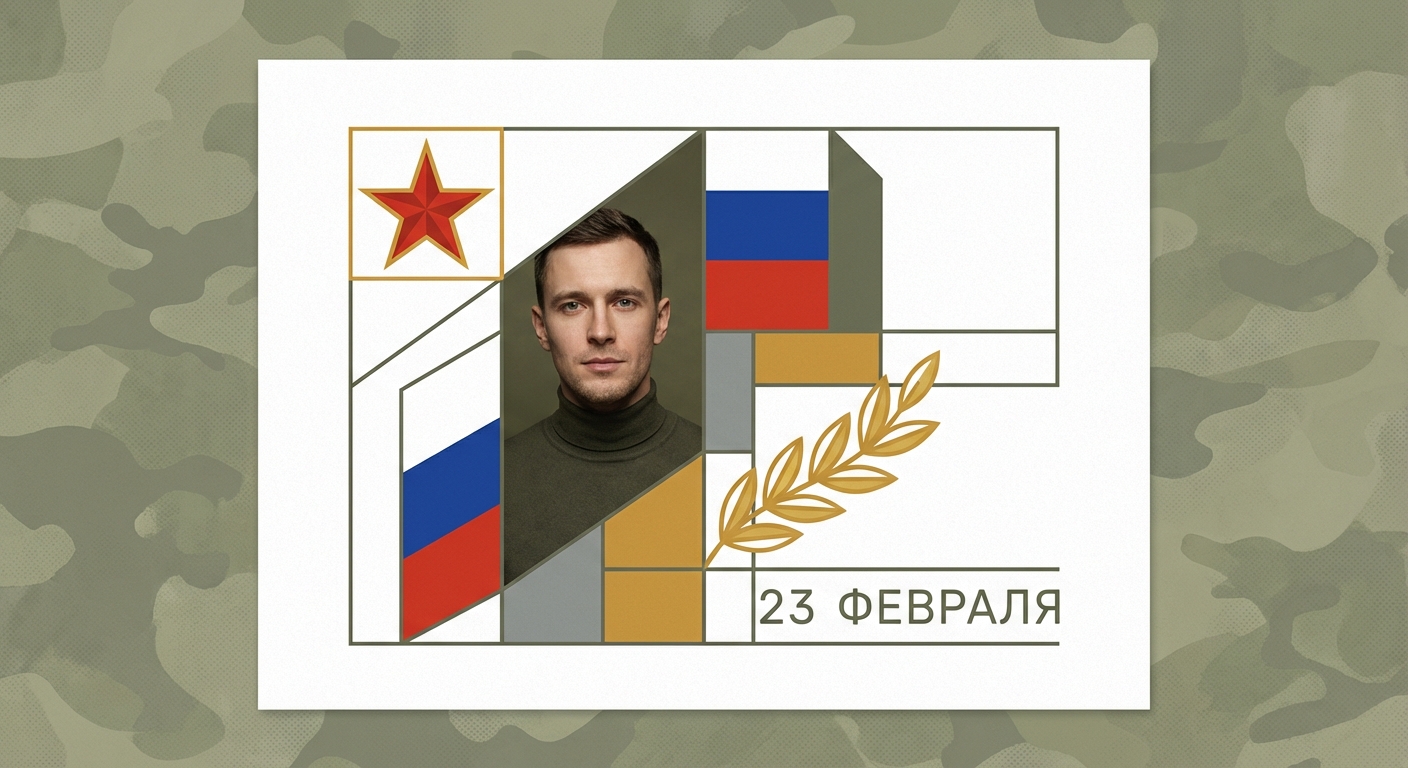 Сгенерировать праздничную открытку на 23 февраля на тему «Минималистичная открытка-композиция с элементами военной символики и сухой типографикой.»