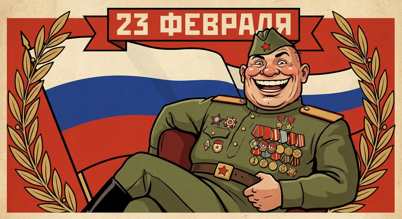 Сгенерировать праздничную открытку на 23 февраля на тему «Забавный карикатурный поздравительный портрет с солдатом‐героем в дружелюбной стилизации.»