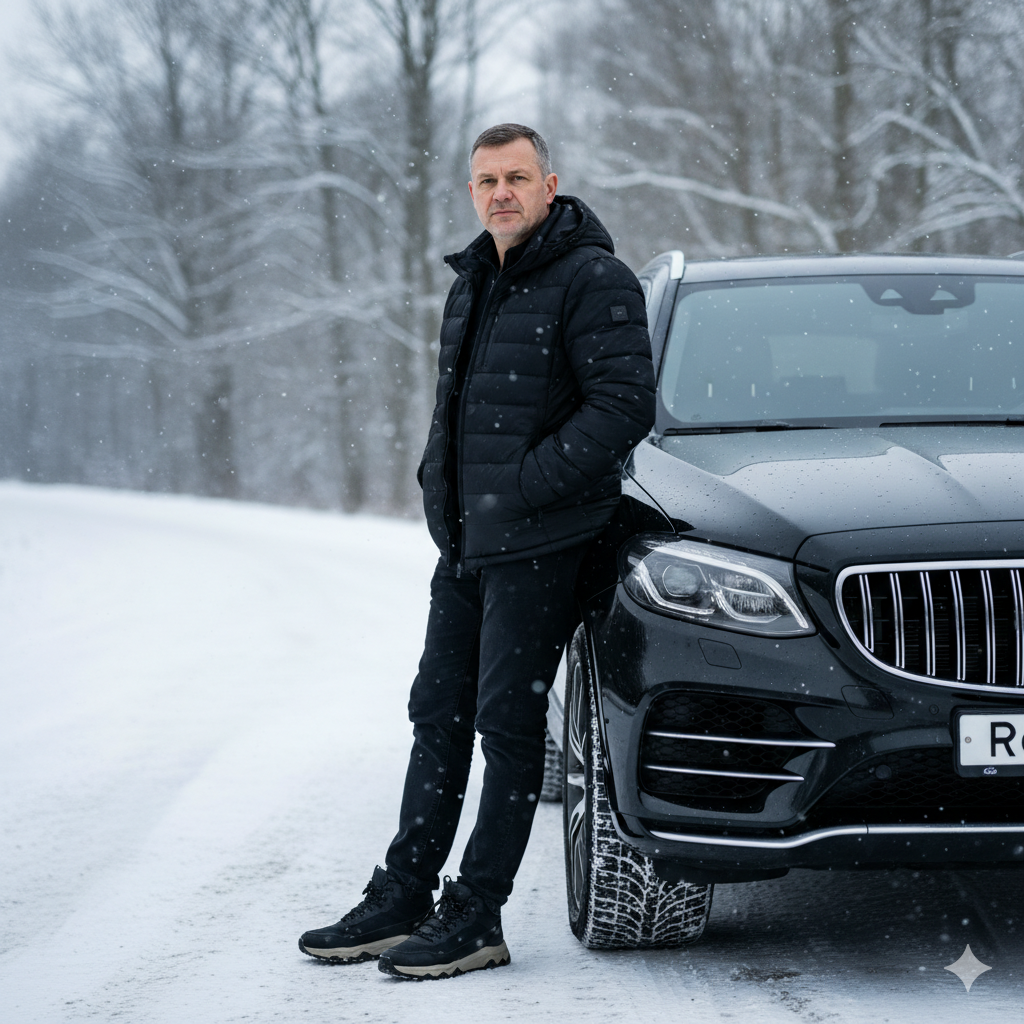 Сгенерировать трендовое фото в стиле «Фото у чёрного внедорожника»