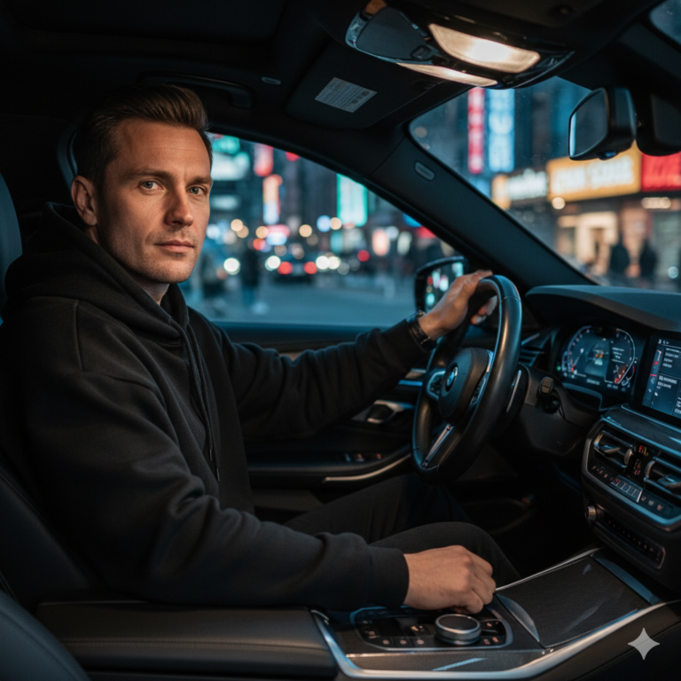 Сгенерировать трендовое фото в стиле "За рулём BMW"