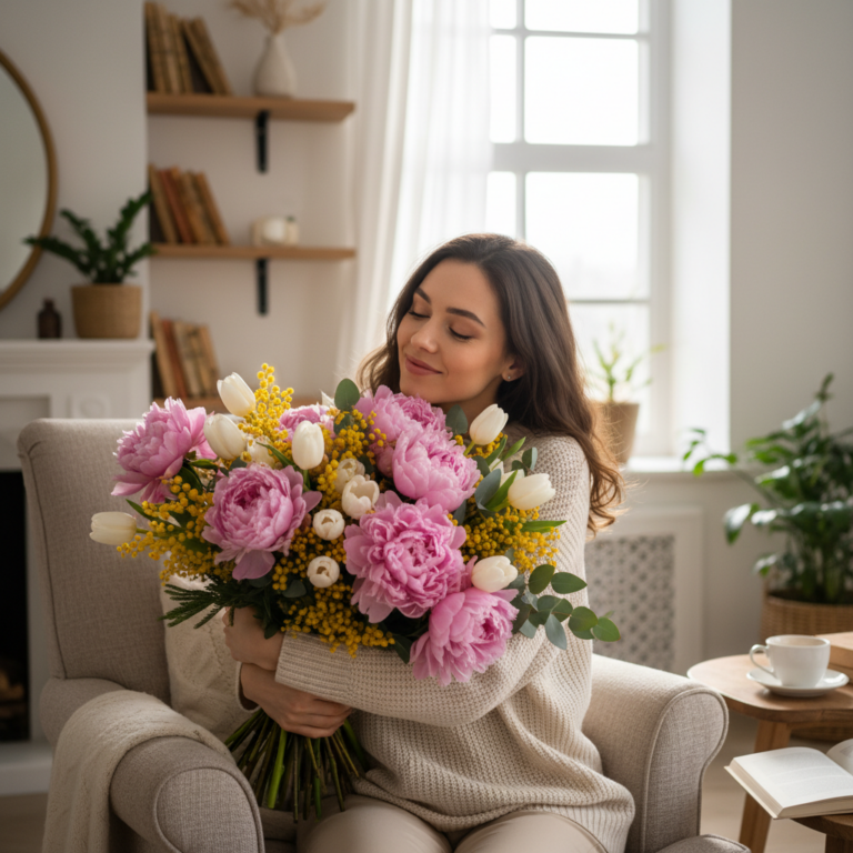 Сгенерировать праздничную открытку на тему "Поздравление на 8 марта с цветами (тюльпаны, мимоза, пионы)"