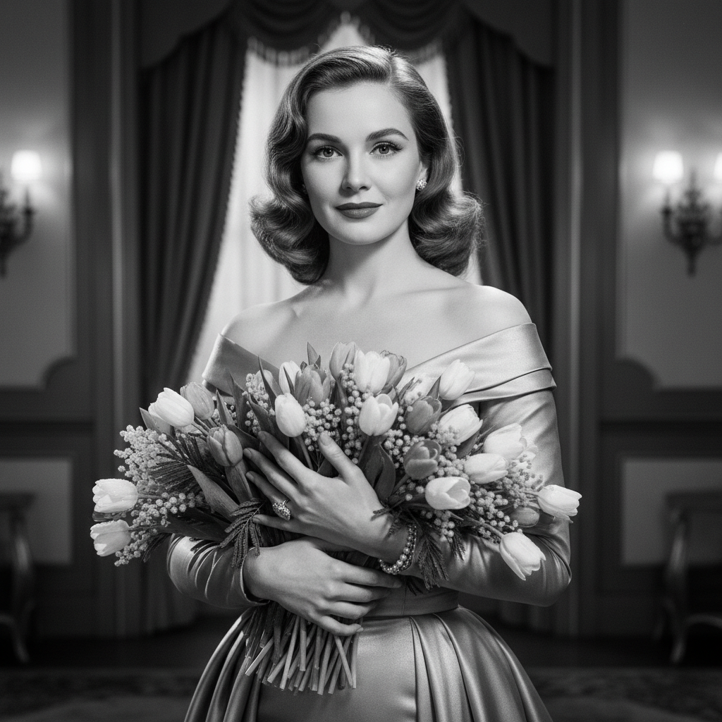 Сгенерировать праздничную открытку на тему "Поздравление на 8 марта в стиле кино / glamour shot"