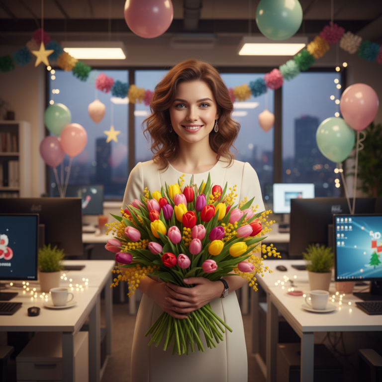 Сгенерировать праздничную открытку на тему "Поздравление коллег на 8 марта"