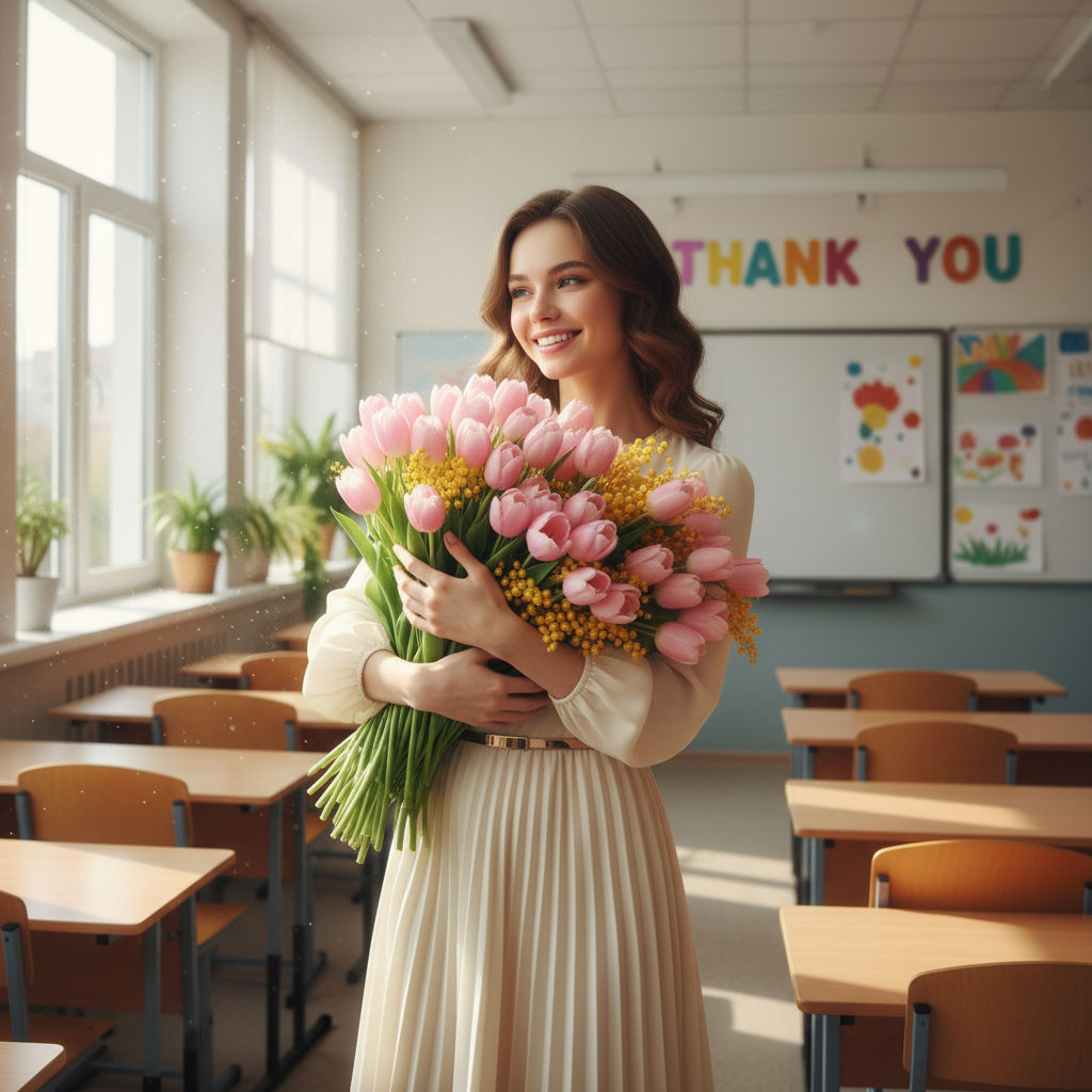 Сгенерировать праздничную открытку на тему «Поздравление учительницы / воспитательницы на 8 марта»