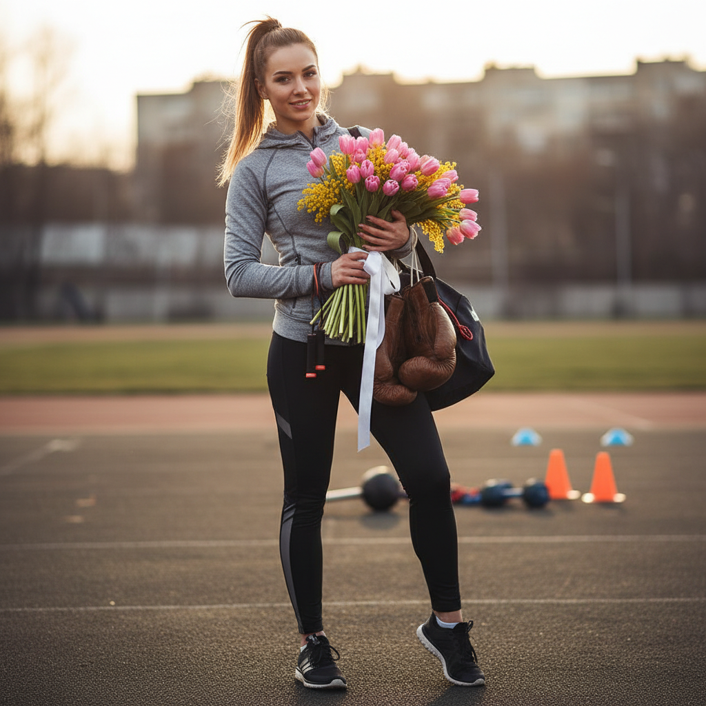 Сгенерировать праздничную открытку на тему «Поздравление девушки-спортсменки на 8 марта»