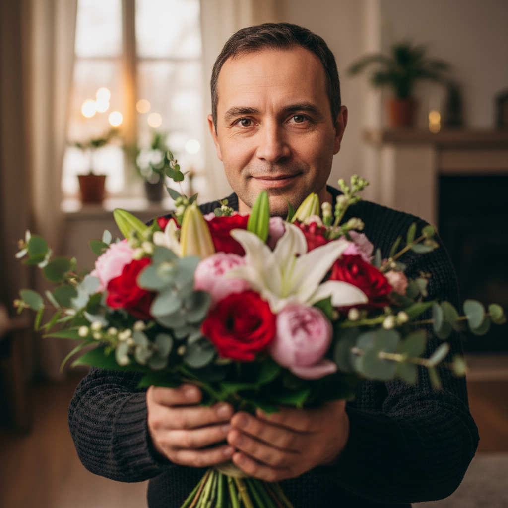 Сгенерировать праздничную открытку на тему «Поздравление на 8 марта: мужчина дарит цветы»