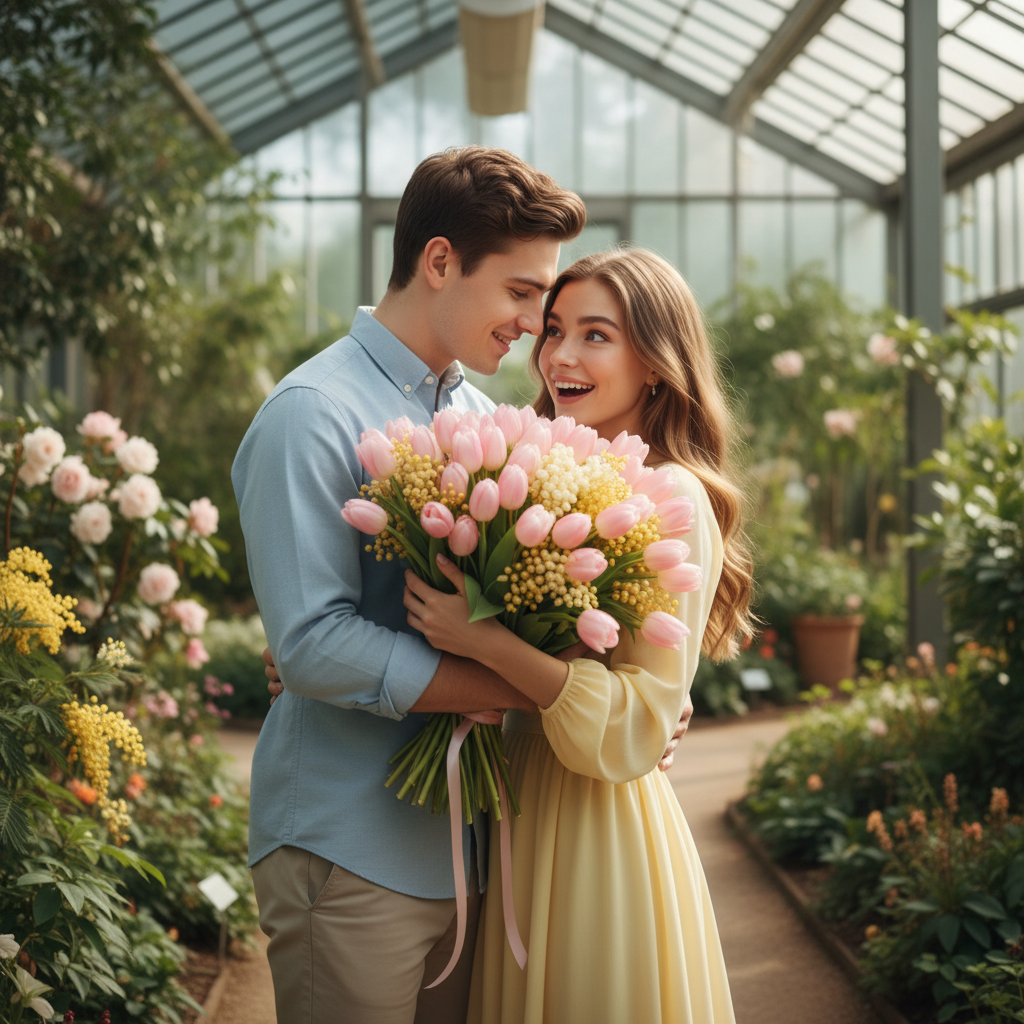 Сгенерировать праздничную открытку на тему «Поздравление на 8 марта: парень и девушка»