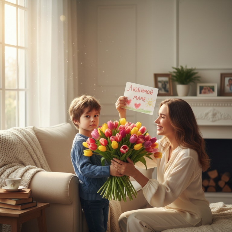 Сгенерировать праздничную открытку на тему "Поздравление на 8 марта от сына маме"