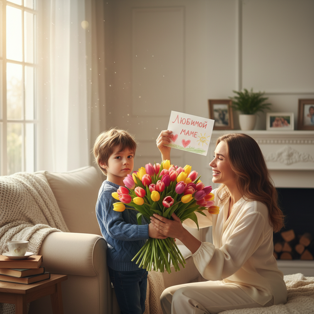 Сгенерировать праздничную открытку на тему «Поздравление на 8 марта от сына маме»