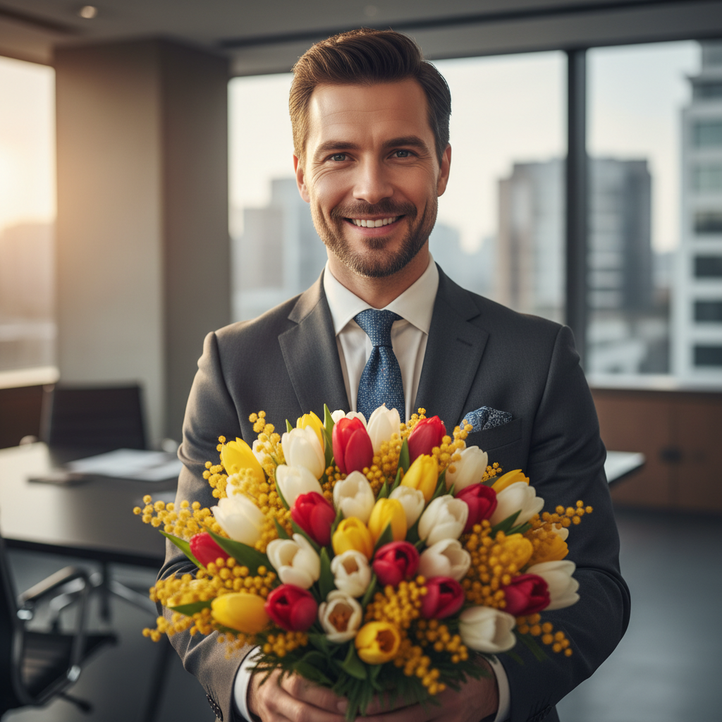 Сгенерировать праздничную открытку на тему «Поздравление на 8 марта от коллеги-мужчины»