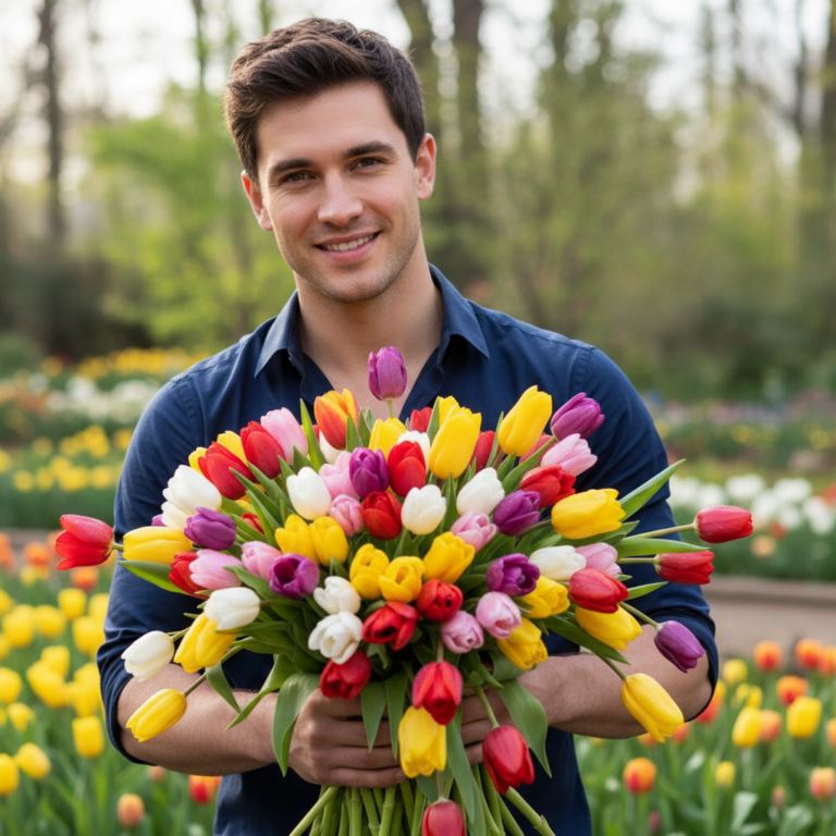 Сгенерировать праздничную открытку на тему "Поздравление на 8 марта от привлекательного мужчины с тюльпанами"