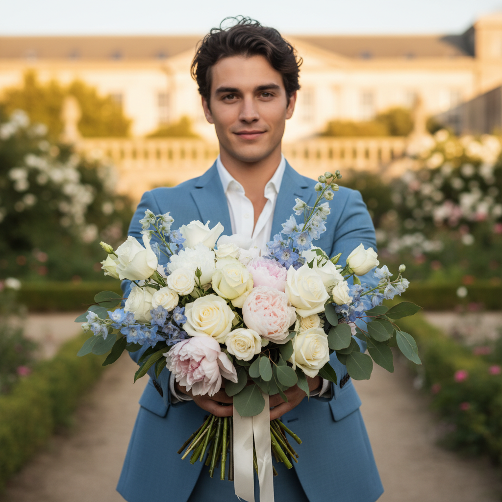 Сгенерировать праздничную открытку на тему «Поздравление на 8 марта от красивого парня в костюме с цветами»