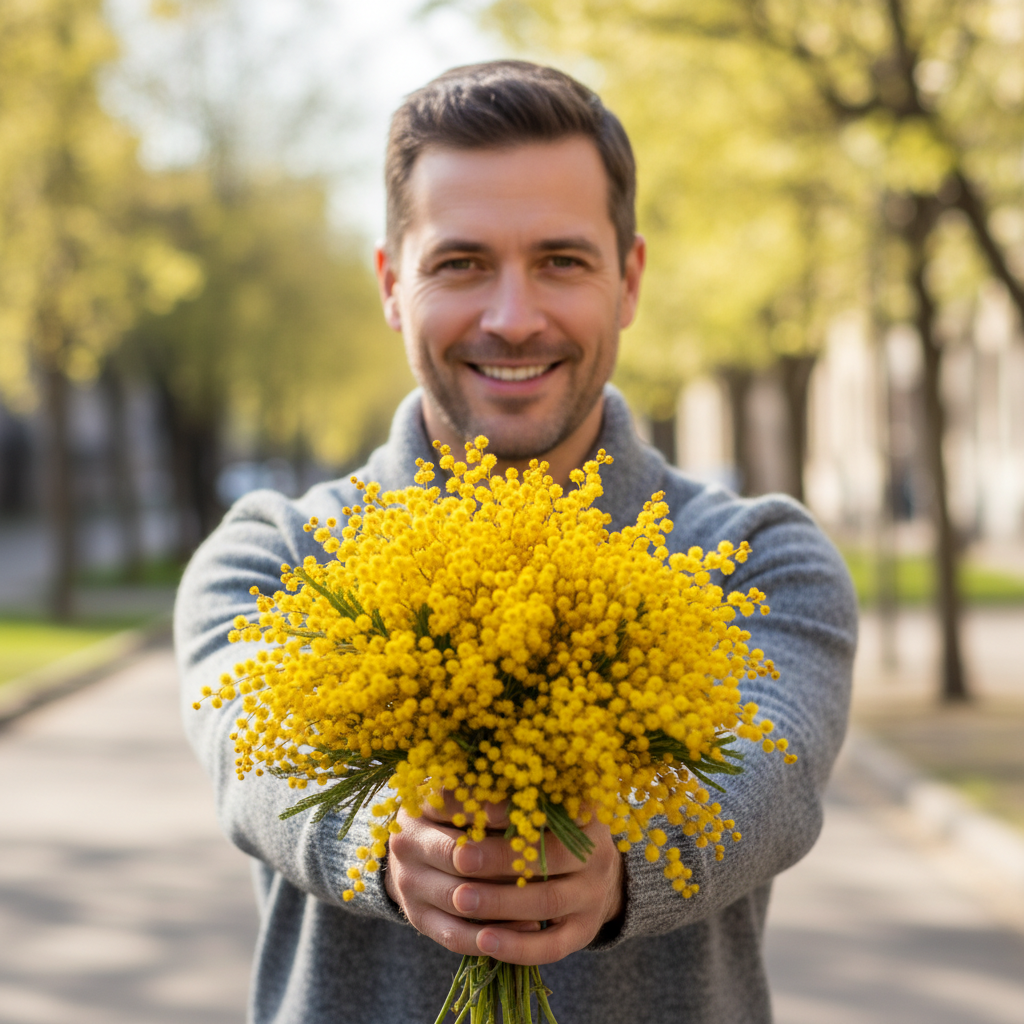 Сгенерировать праздничную открытку на тему «Поздравление на 8 марта от харизматичного мужчины с мимозой»