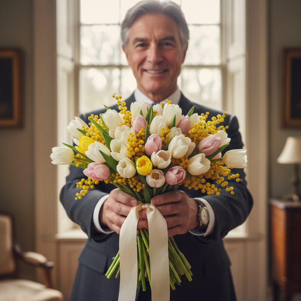 Сгенерировать праздничную открытку на тему «Поздравление на 8 марта от элегантного джентльмена с цветами»
