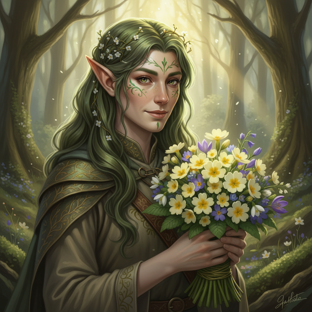 Сгенерировать праздничную открытку на тему «Поздравление на 8 марта в стиле fantasy: эльф / рыцарь с цветами»