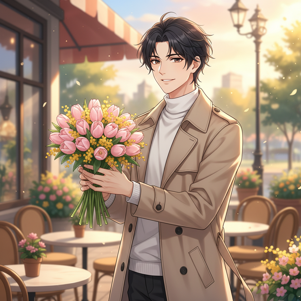 Сгенерировать праздничную открытку на тему «Поздравление на 8 марта в стиле аниме: бисёнэн с букетом»