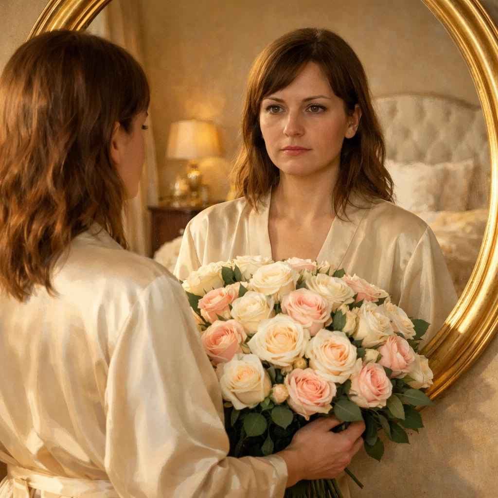 Сгенерировать трендовое фото на тему «Селфи в зеркале с букетом цветов»