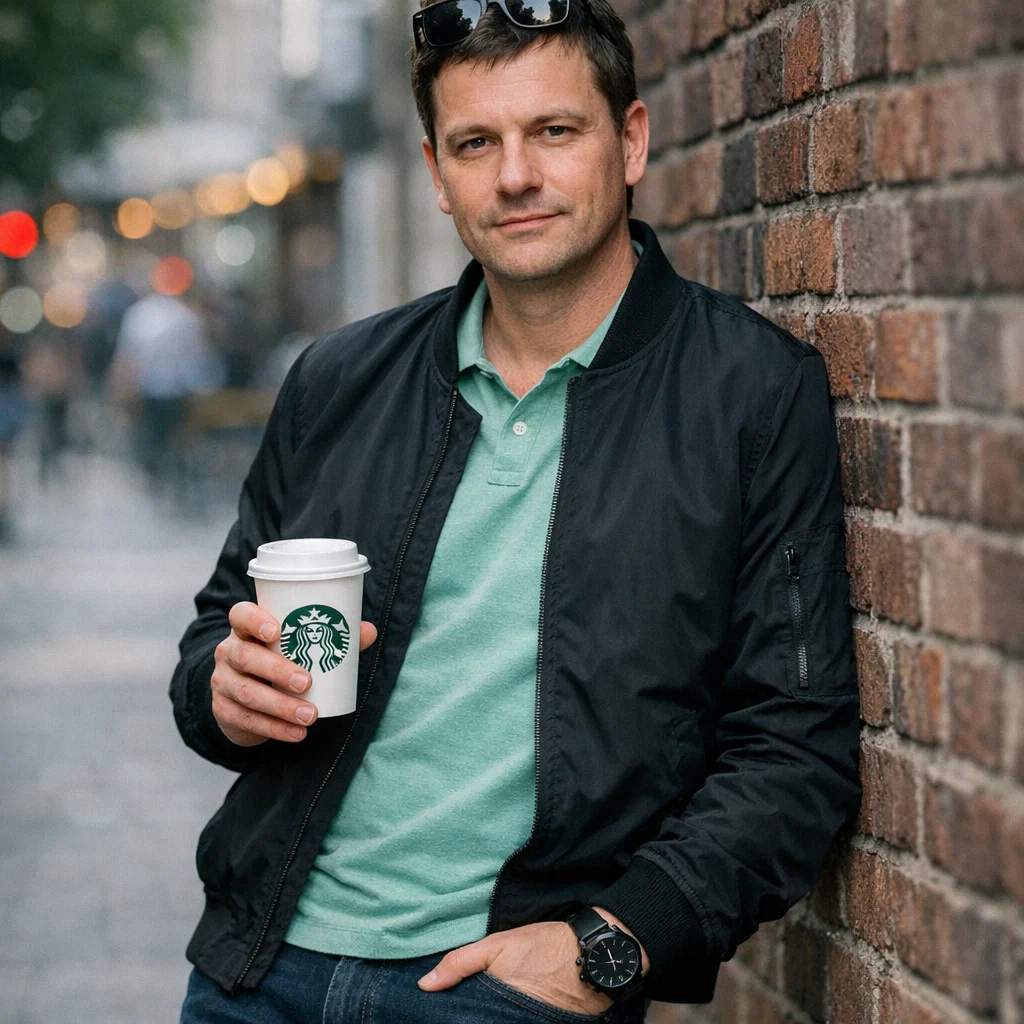 Сгенерировать трендовое фото на тему «Мужской уличный портрет с кофе на улице»