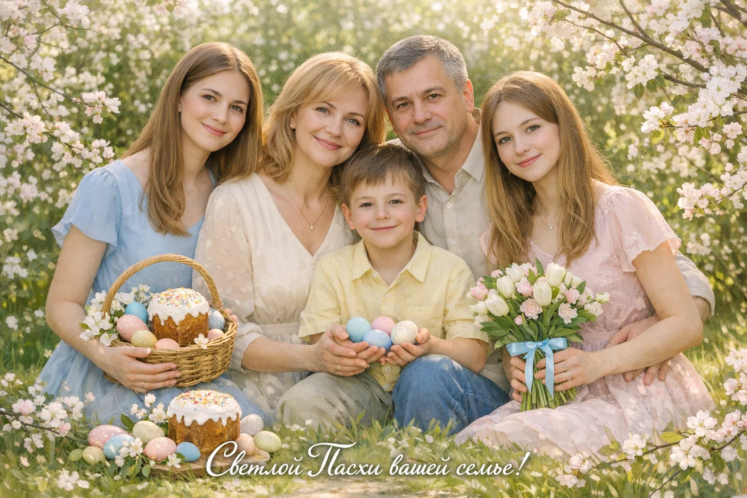 Сгенерировать открытку на тему «Пасхальная фотосессия для всей семьи»